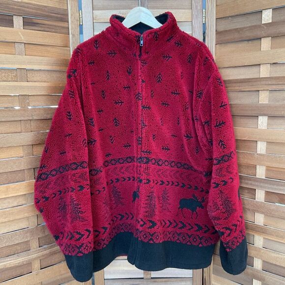 Black Mountain Red Black Fleece Jacket Moose Design Women XL Acrylic Polyester - Picture 1 of 4